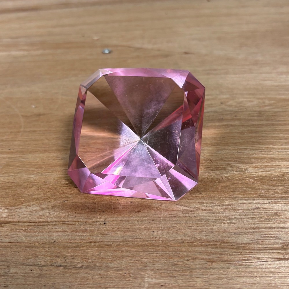 Oleg Cassini Pink Crystal Diamond Paperweight Faceted Glass Desk Decor Signed